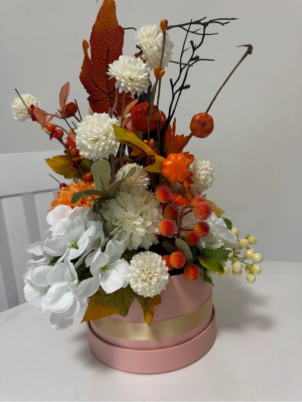 Autumn Pumpkin & Sunflower Arrangement - Orange, White, Cream